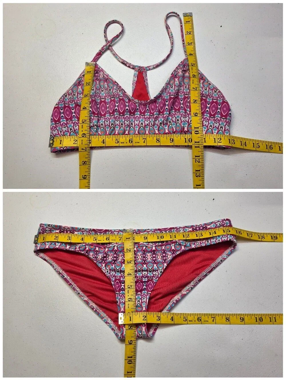Title Nine Pink Patterned V-Neck Bikini Top and Bottoms Set Women's Swimsuit